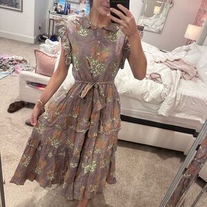 Victoria Dunn Mauve Floral Tiered Midi Dress with Tie Waist